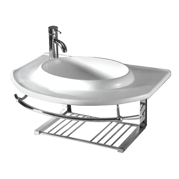 Whitehaus WHKN1124 Isabella 35 3/4-Inch Wall Mounted Porcelain Lavatory Console with Shelf, Towel Bar, and Faucet Hole - White