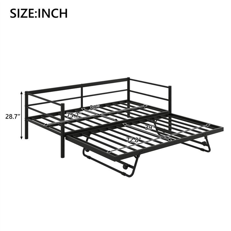 Twin Size Daybed with LED Light and Adjustable Trundle, Metal Daybed Frame Sofa Bed with Pop Up Trundle and Slats Support