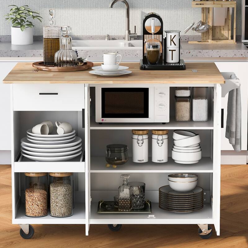 Space-Saving Kitchen Island with Foldable Countertop, Rolling Cart on Wheels, Towel Rack, Drawer & Slide-Out Shelf