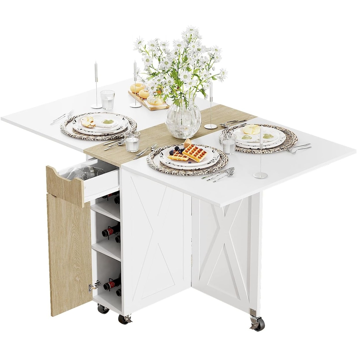 Compact Folding Dining Table with Wheels, Multifunctional Kitchen Table for Small Spaces - White