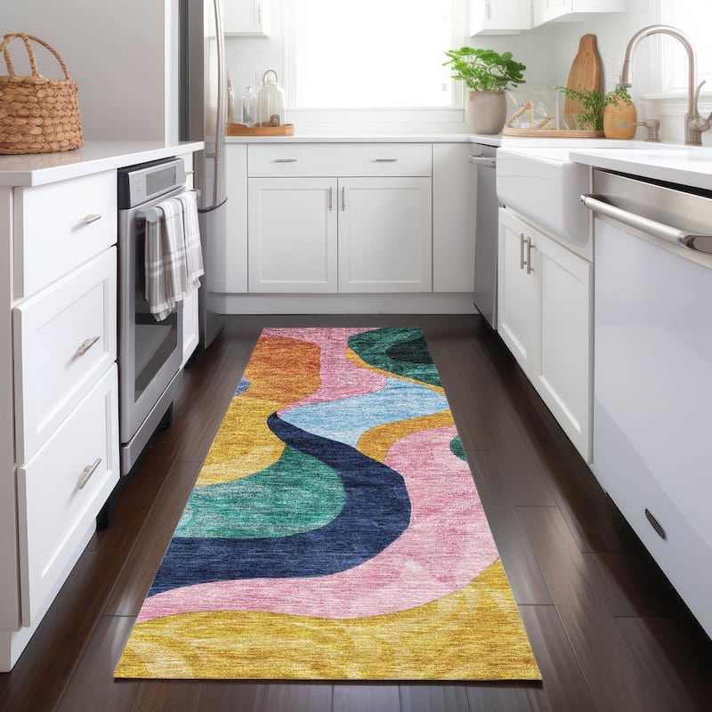 Machine Washable Indoor/ Outdoor Abstract Contemporary Chantille Rug - Green - 2'3" x 7'6"