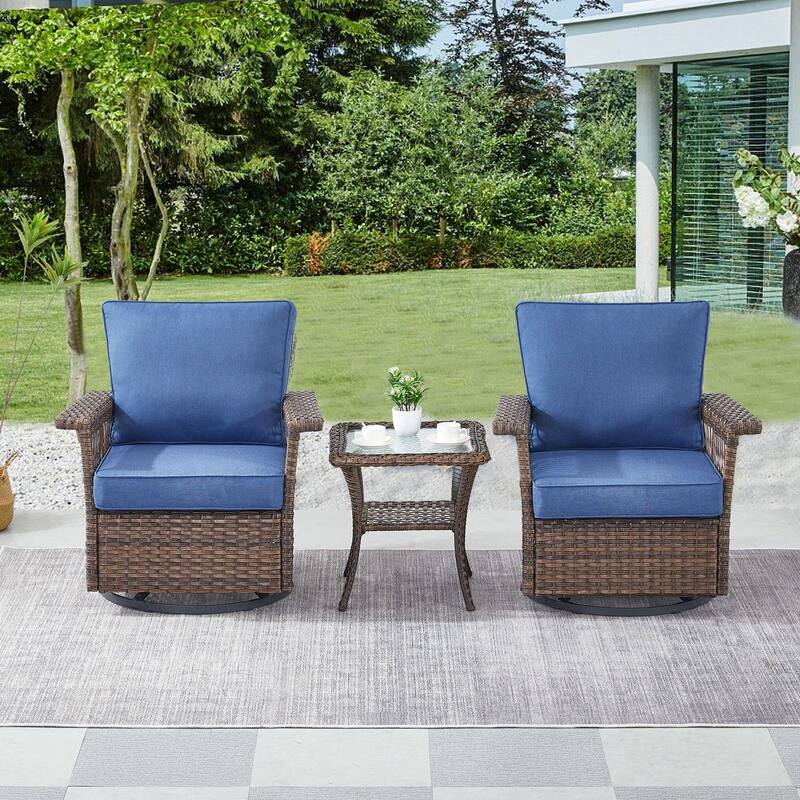Outdoor Glider Chair with Soft Cushion - Brwon Wicker Blue Cushion - 3PCS Glider Chairs with Table