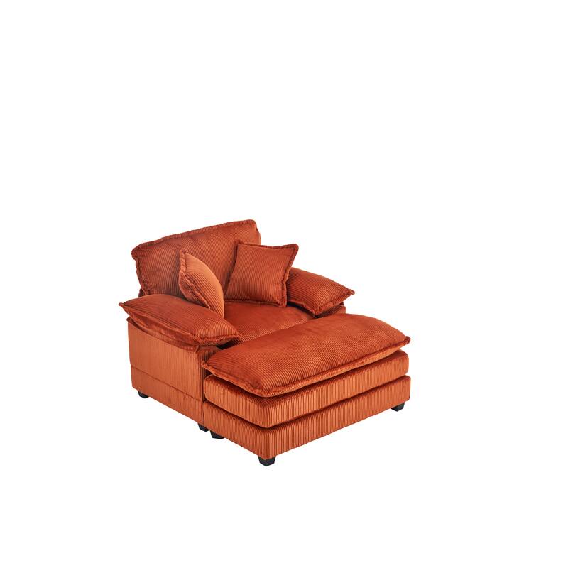 Orange 59.3" Corduroy Single Deep Seat Sofa with 2 Toss Pillows and Ottoman for Living Room