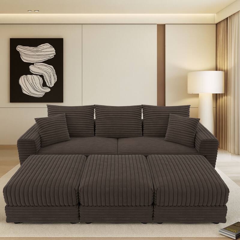 Modern Corduroy Fabric Upholstered Sectional Sofa with Ottoman - Camel-3 Seater with 3 Ottoman