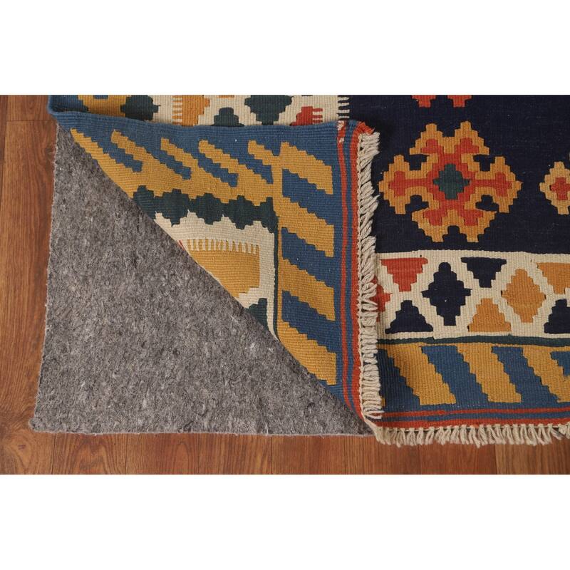 Navy Blue Kilim Qashqai Persian Area Rug Flatweave Wool Carpet - 5'0" x 6'2"