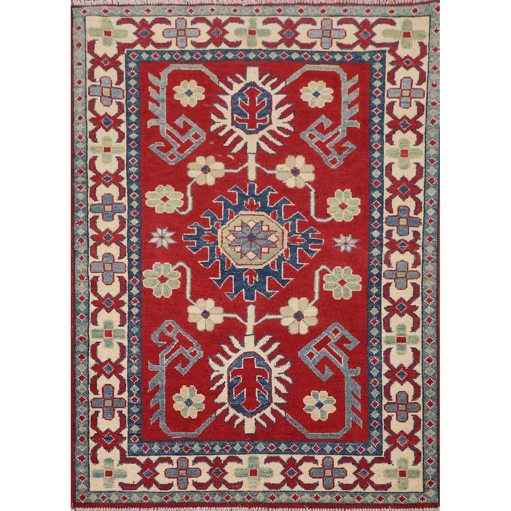 Red Geometric Kazak Accent Rug Hand-Knotted Traditional Wool Carpet - 3'5" x 4'10"