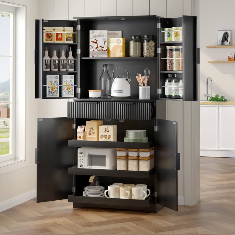 Fluted Kitchen Pantry Cabinet, Freestanding Buffet Cabinet, Storage Cabinet with 3 Keyboard Drawers & 6 Adjustable Door Shelves - Black