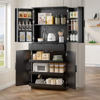 Freestanding Fluted Cupboard Cabinet with 3 Keyboard Drawers and 6 Door Shelves Adjustable