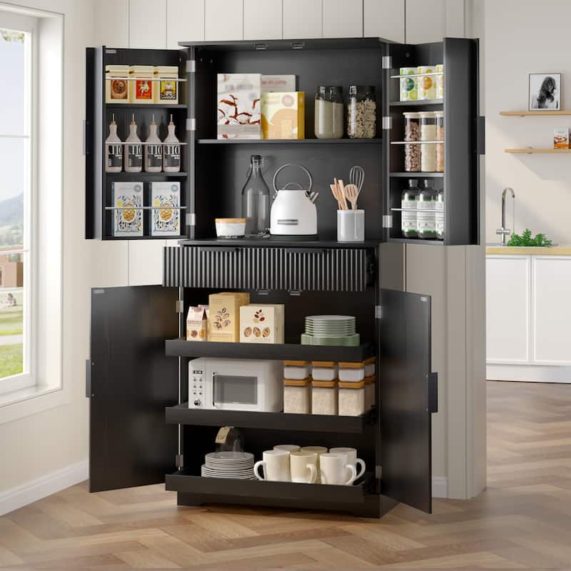 Kitchen Pantry Cabinet with 3 Pull Out Shelves, Pantry Storage Cabinet w/ 6 Door Shelf & Adjustable Shelf, Freestanding Cupboard - Black