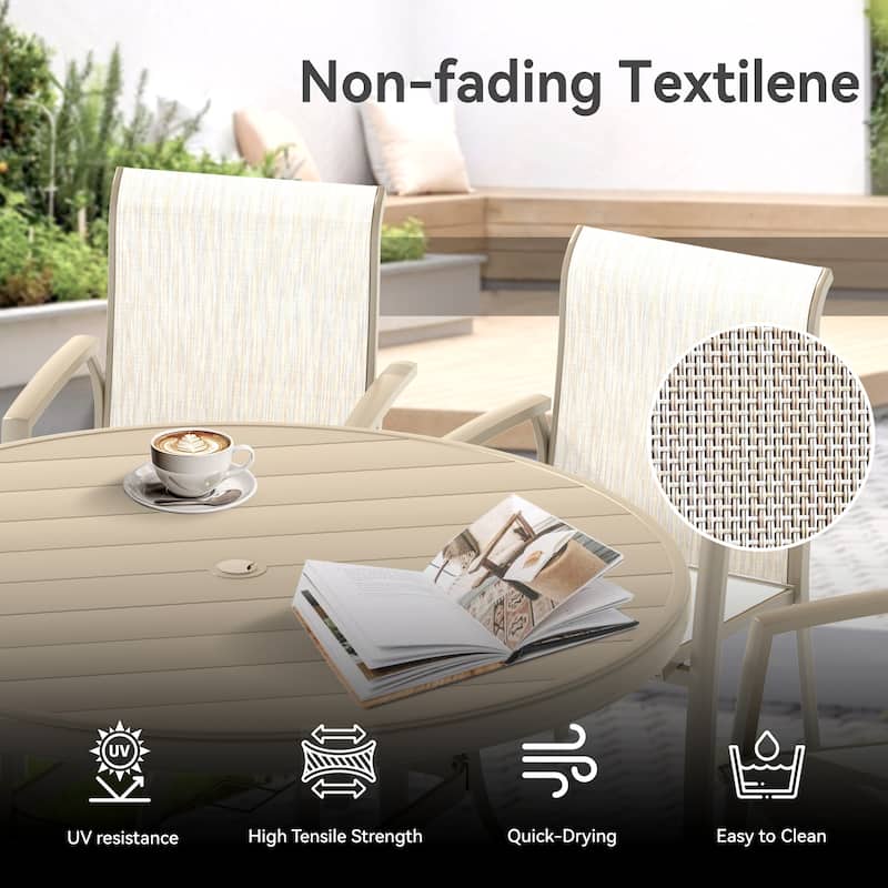 5-Piece Outdoor Dining Set‌ – Includes 4 Stackable Chairs & 40.6" Round Metal Table.