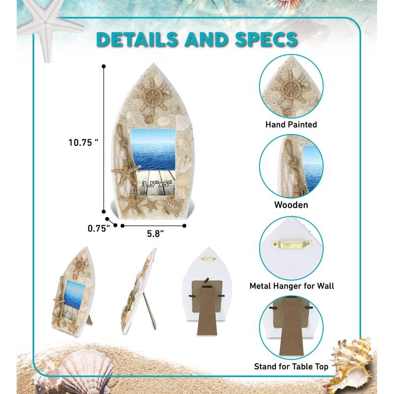 CoTa Global White Wood Seashell Oceanic Sea Turtle Boat 3.5X5 Frame - 9.4 Inches