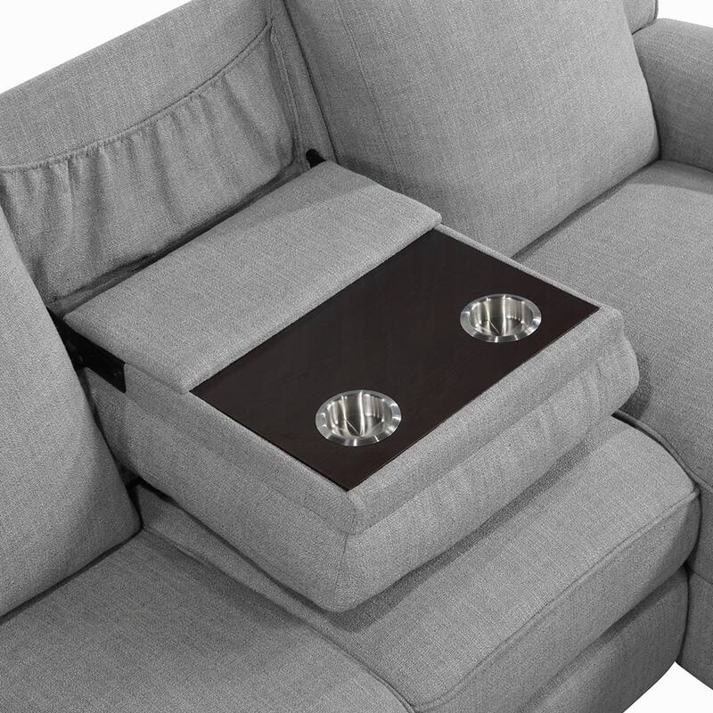 Diny Manual Recliner Sectional Sofa, Dropdown Center Table, Gray Linen