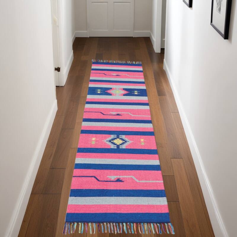 Fukup Southwestern Woven Low Pile with Fringe Area Rug By HomeRoots - 90' X '27' X '0.25 - 90' X '27' X '0.25 - Oxford Blue - Runner
