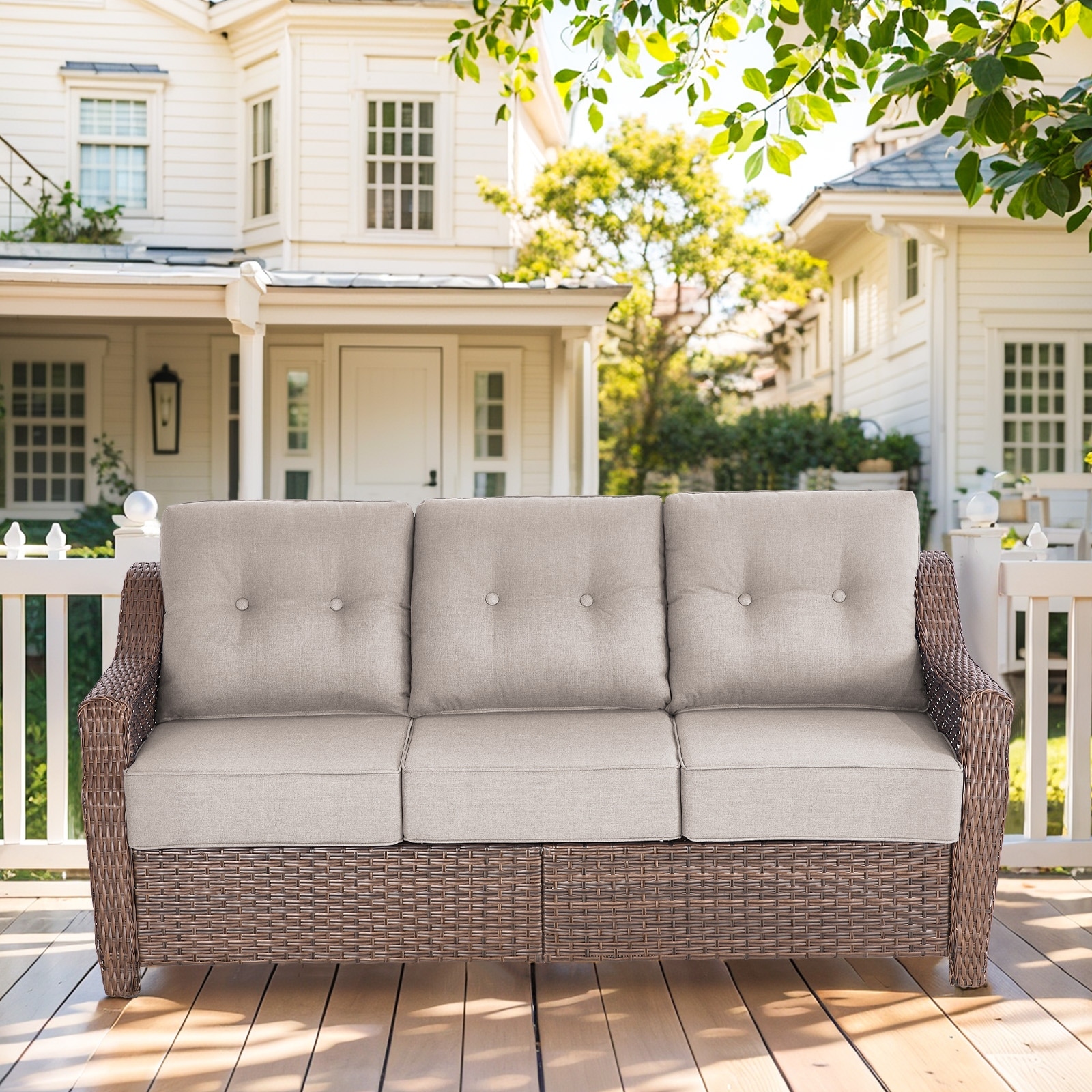 Pocassy Outdoor 6" Extra Thick Cushion Patio Wicker Sofa Weather-Resistant Wicker High Back 3-Seat Patio Sofa and Deep Seat