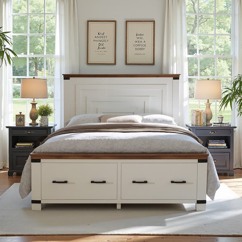 Farmhouse Queen Size Bed Frame w/ 54" Tall Headboard & 2 Large Drawers - Antique White