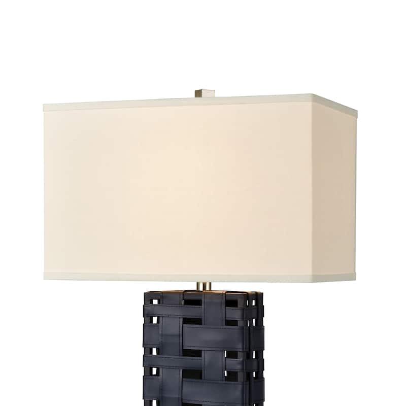 Strapped Down Table Lamp in Polished Nickel and Navy Blue with a White Linen Shade