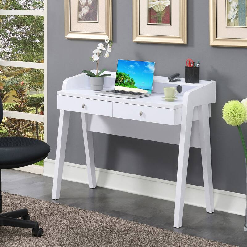 2-Drawer Desk with Shelf - White Finish - Modern Office Computer Writing Table - 42" Wide
