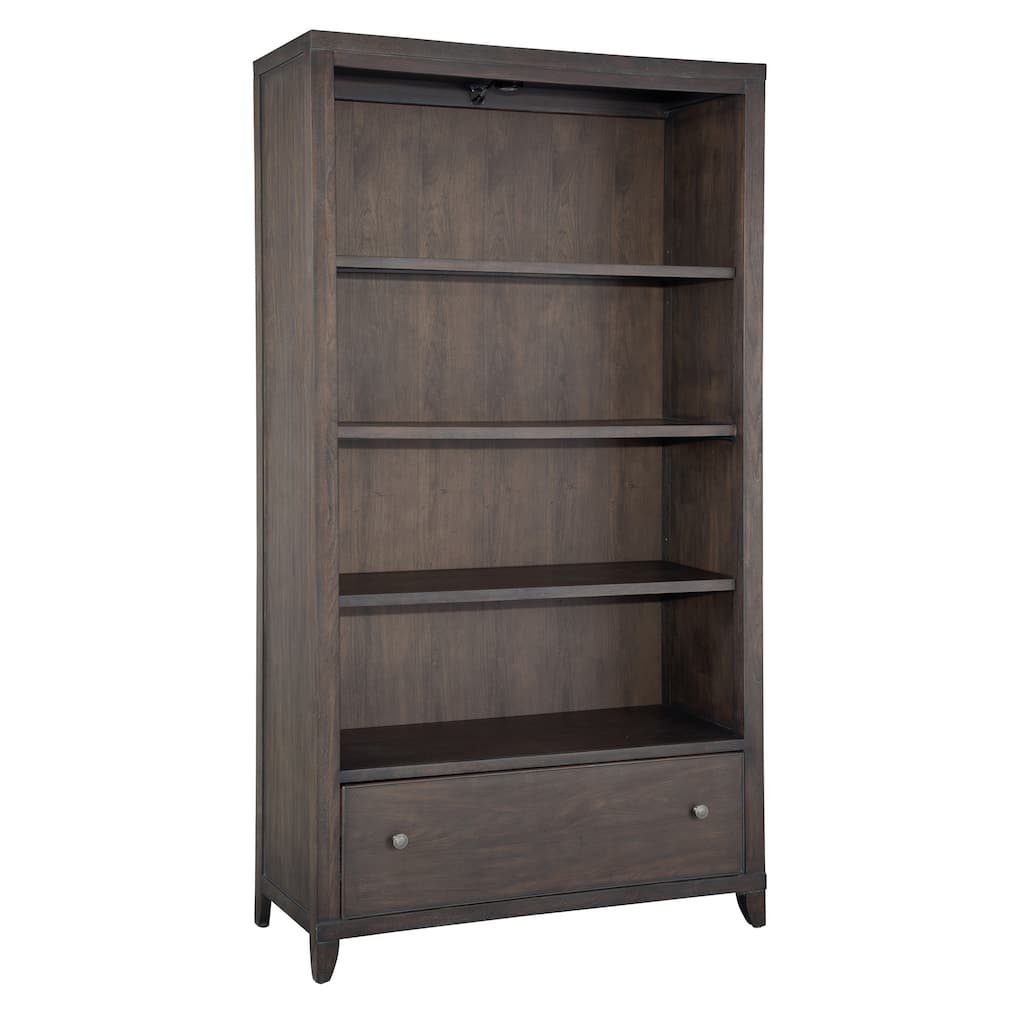 Brown Wooden 5-shelf Media Bookshelf with Drawer