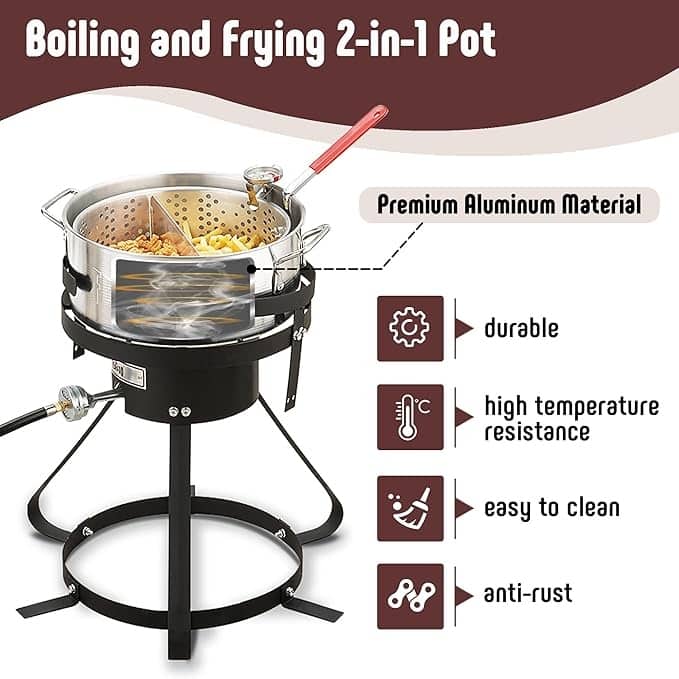 FEASTO 10 Qt Aluminum Outdoor Propane Gas Fryer Pot Kit with Strainer Basket, 50,000 BTU Burner, Perfect for Boiling and Frying - Black
