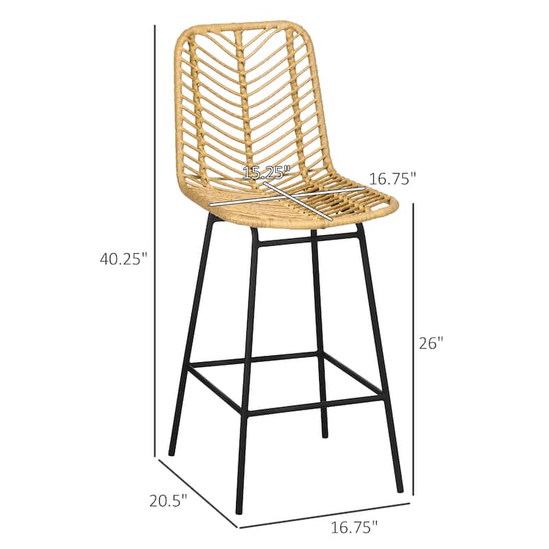Modern Yellow Bar Stools with Breathable PE Rattan and Black Steel Frame Included Footrest - 16.75" W x 20.5" D x 40.25" H