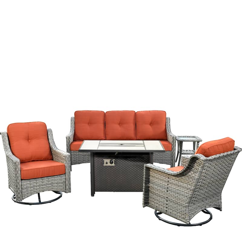 HOOOWOOO 5-piece Wicker Outdoor Furniture Swivel Chairs Set with Fire Pit