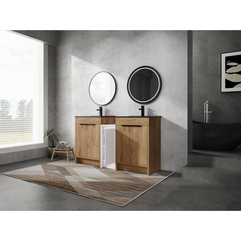 72" Freestanding Bathroom Vanity Set with Adjustable Storage Cabinets, Black Ceramic Sink