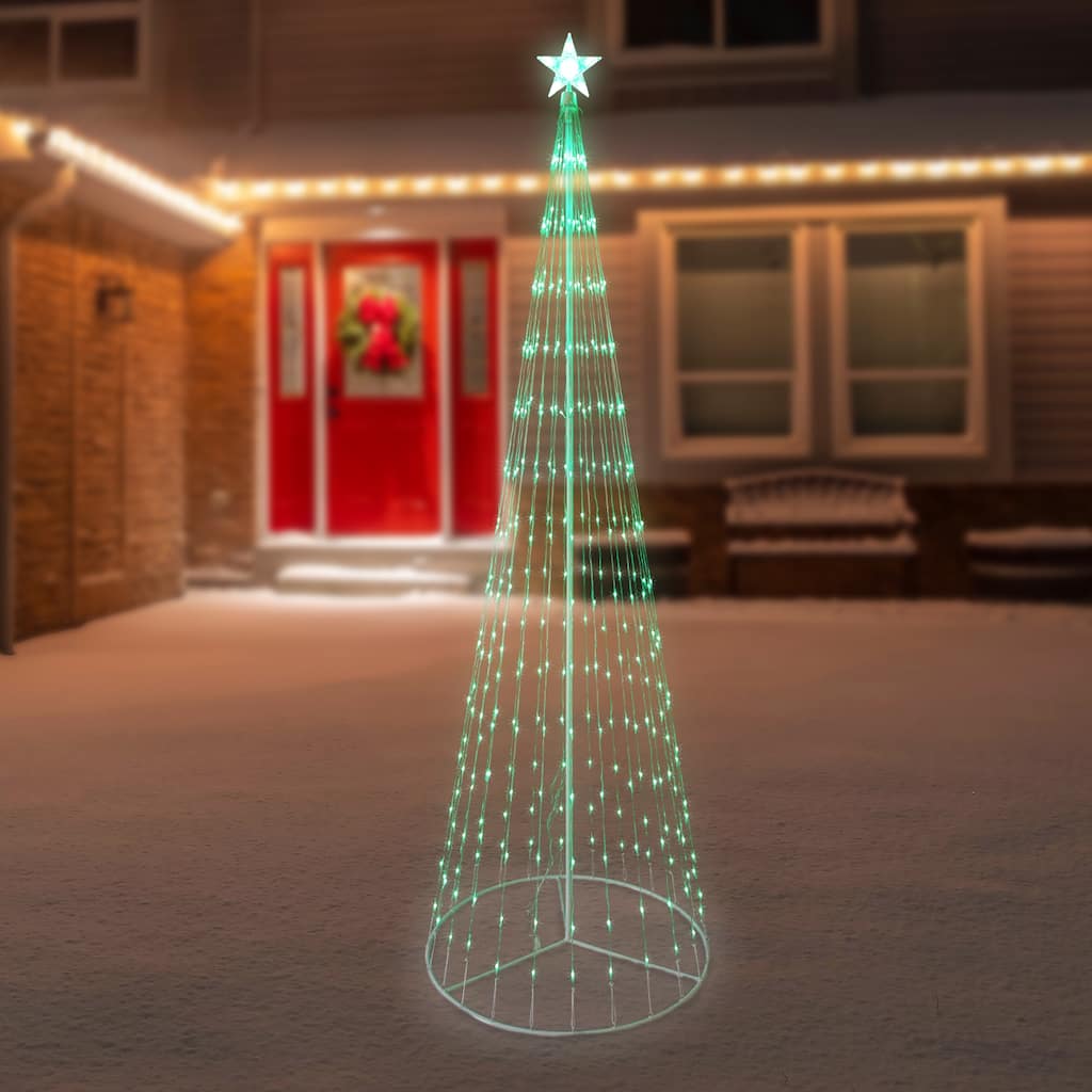Lighted LED Multi-Function Outdoor Christmas Cone Tree - 9' - Green Lights - White
