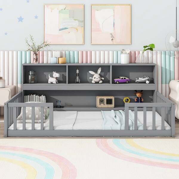 slide 2 of 10, Grey Twin Size Pine Wood Floor Bed with Bedside Bookcase and Guardrails Twin - Grey