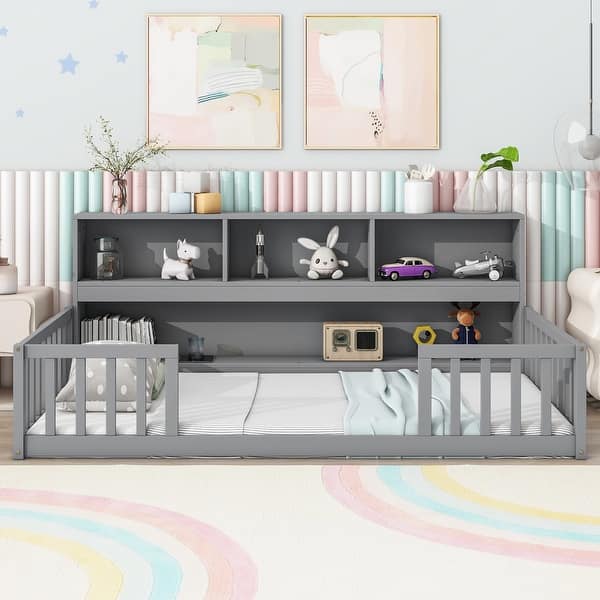 slide 2 of 10, Grey Twin Size Pine Wood Floor Bed with Bookcase and Guardrails Twin - Grey
