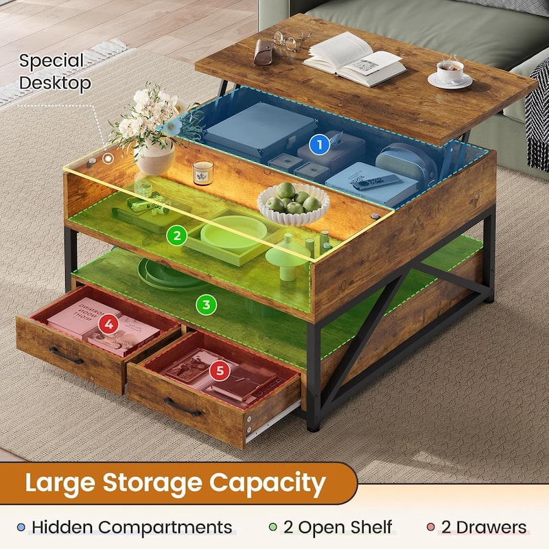 Coffee Table Lift Top 2 Drawers Hidden Compartment for Living Room