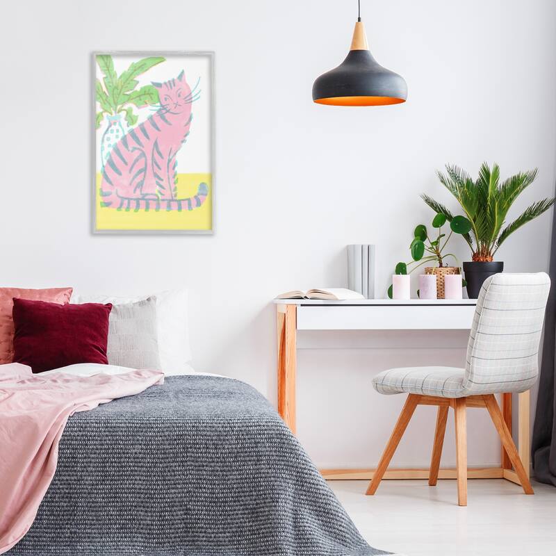 Stupell Modern Pink Cat & Plant Framed Giclee Art Design By Hannah Moren