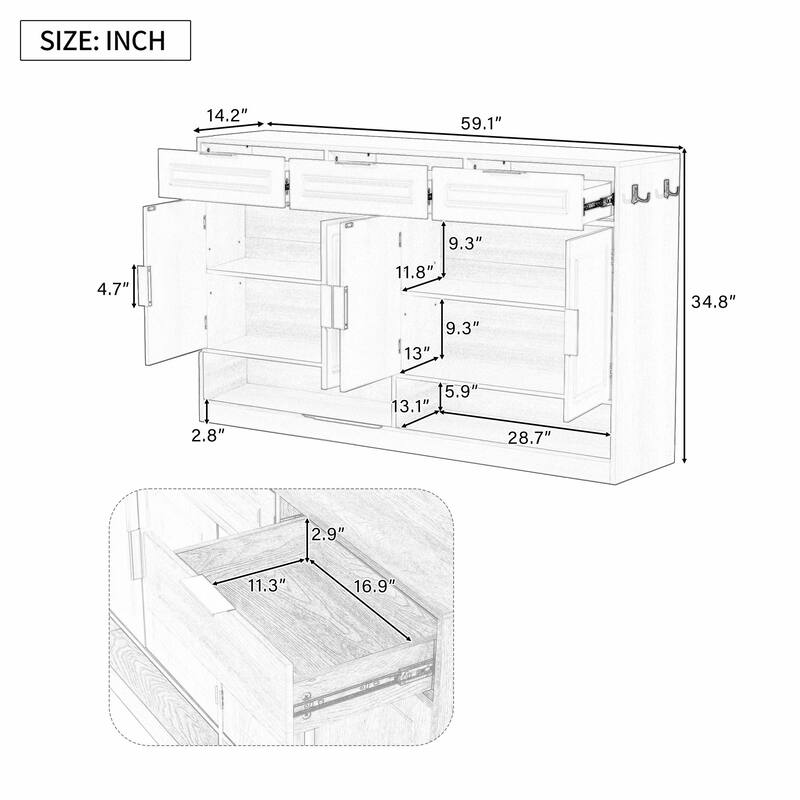 59.1" Multi-Functional Storage Buffet with Adjustable Shelf and Open Storage Compartments