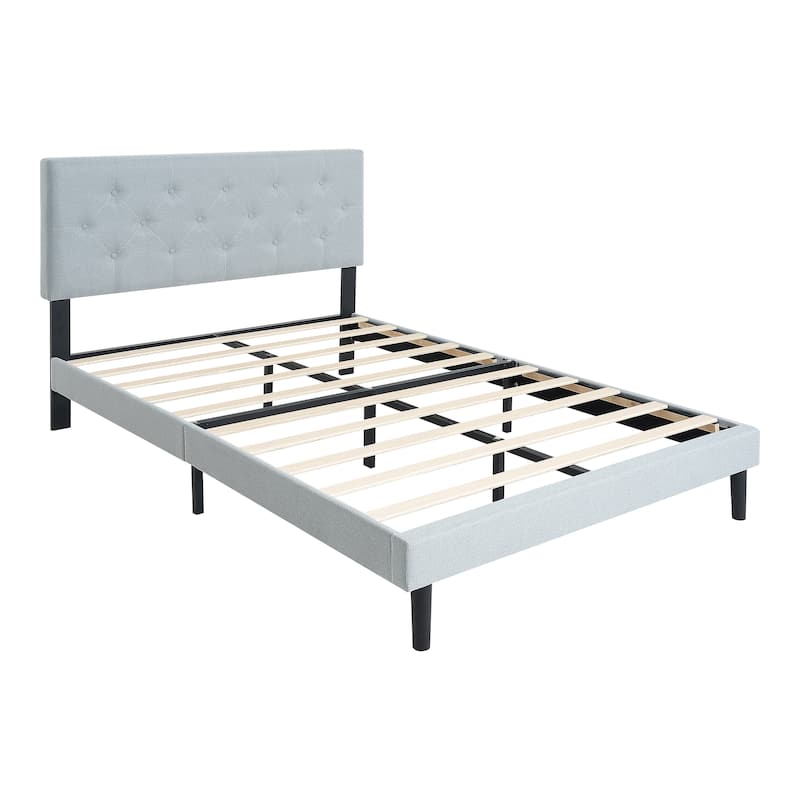 Light Grey Queen Size Upholstered Bed Frame with Button Tufted Linen Headboard
