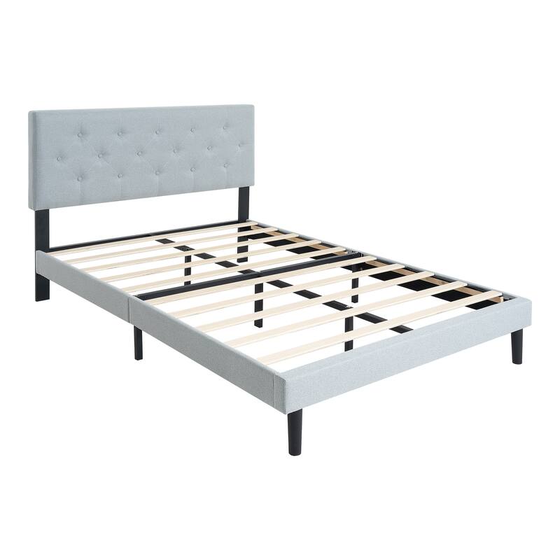 Queen Size Upholstered Platform Bed with Tufted Linen Headboard, Easy Assembly, Wood Slat Support, Grey