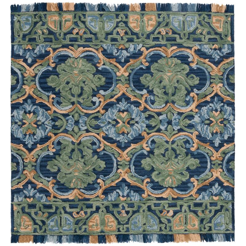 SAFAVIEH Handmade Blossom Parthenia Floral Wool Rug - 6' Square - Navy/Green - Square