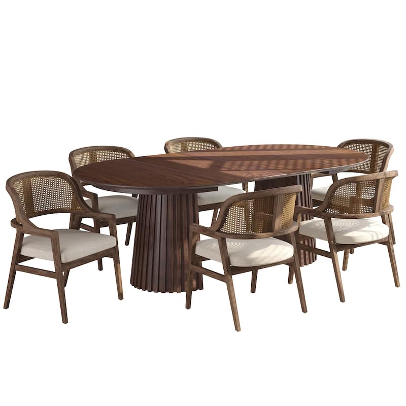 Christopher Knight Home - Mid-Century Extendable Dining Table Set with Upholstered Cane Back Dining Chairs