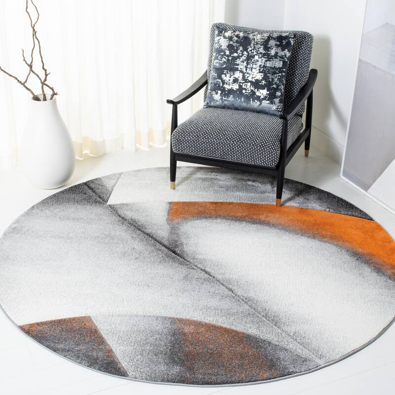 SAFAVIEH Hollywood Hasiba Mid-Century Modern Abstract Rug - 6'7" Round - Grey/Orange