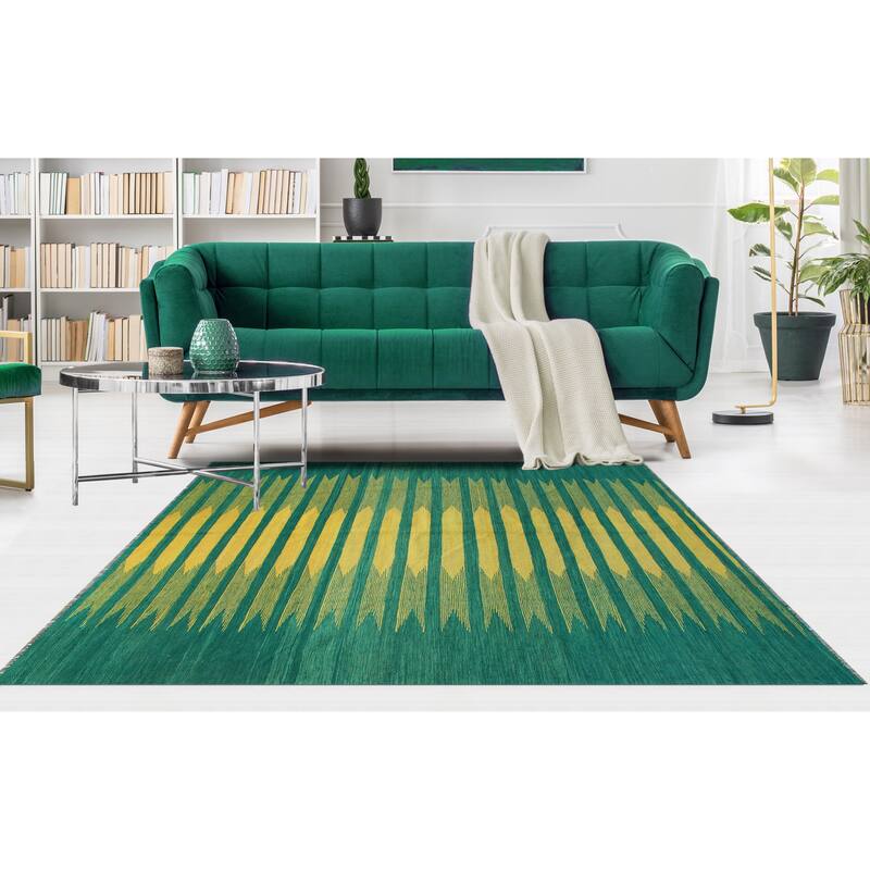 Modern Flatweave Baki Green/Gold Rug - 5'7" x 7'11"