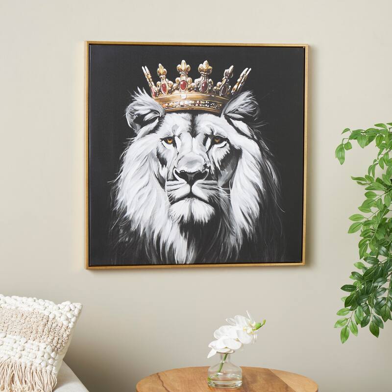 Black Polystone Shaded Lion Framed Wall Art with Gold Jeweled Crown - 27"W, 28"H