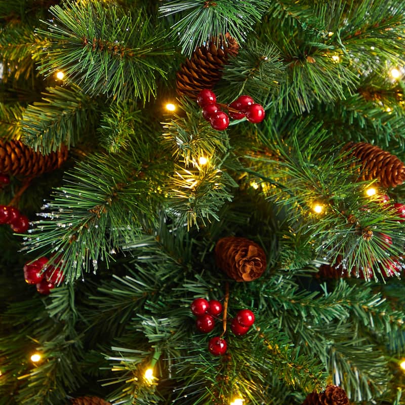 6ft. Flat Back Pine Artificial Christmas Tree with Pinecones, Berries & 150 Warm White LED Lights - Festive Holiday X-Mas Accent