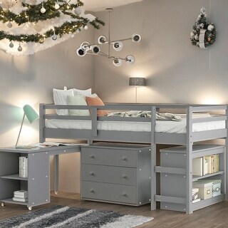 Low Study Twin Loft Bed with Cabinet and Rolling Portable Desk - Bed ...