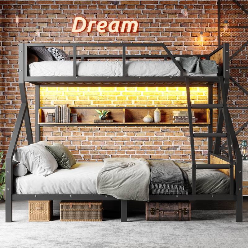 Woodgrain Accents Black Metal Bunk Bed Frame with Built-in Storage Shelves and LED Light Strip for Guest Rooms, Dorms