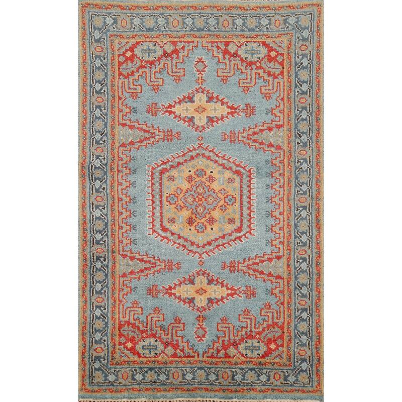 Light Blue Geometric Viss Indian Accent Rug Hand-Knotted Wool Carpet - 3'0"x 5'0"