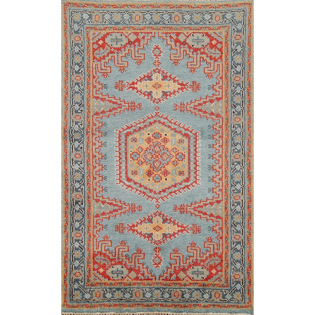 Light Blue Geometric Viss Indian Accent Rug Hand-Knotted Wool Carpet - 3'0"x 5'0"