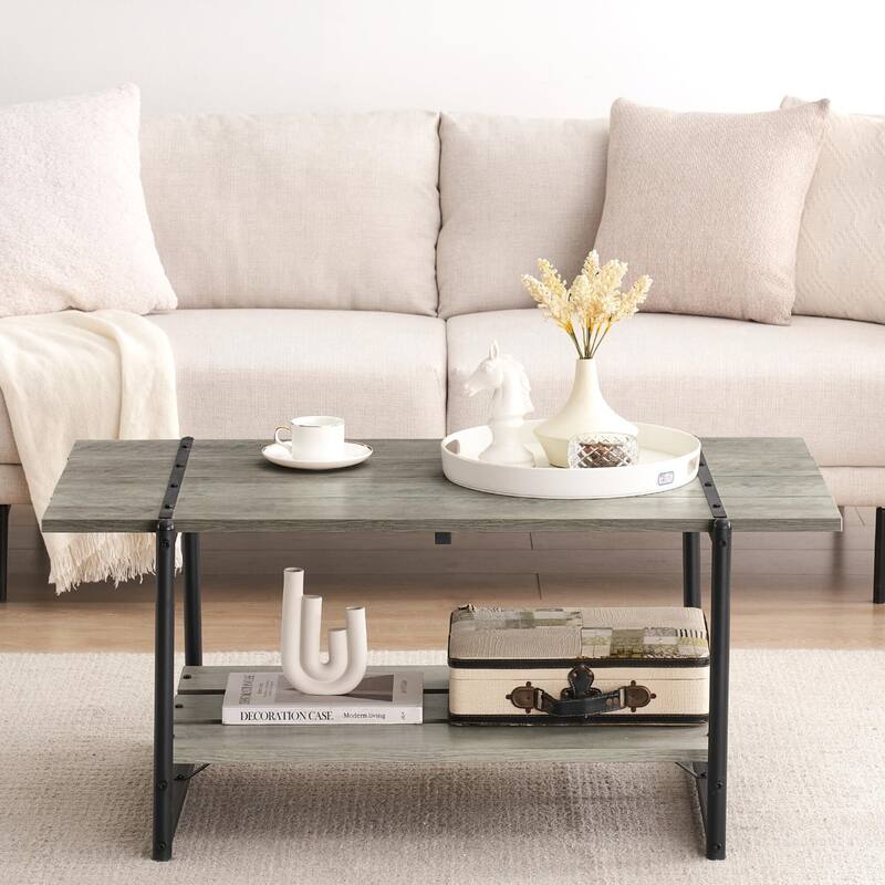 2-Tier Modern Industrial 41'' Large Wood Coffee Table with Storage Shelf