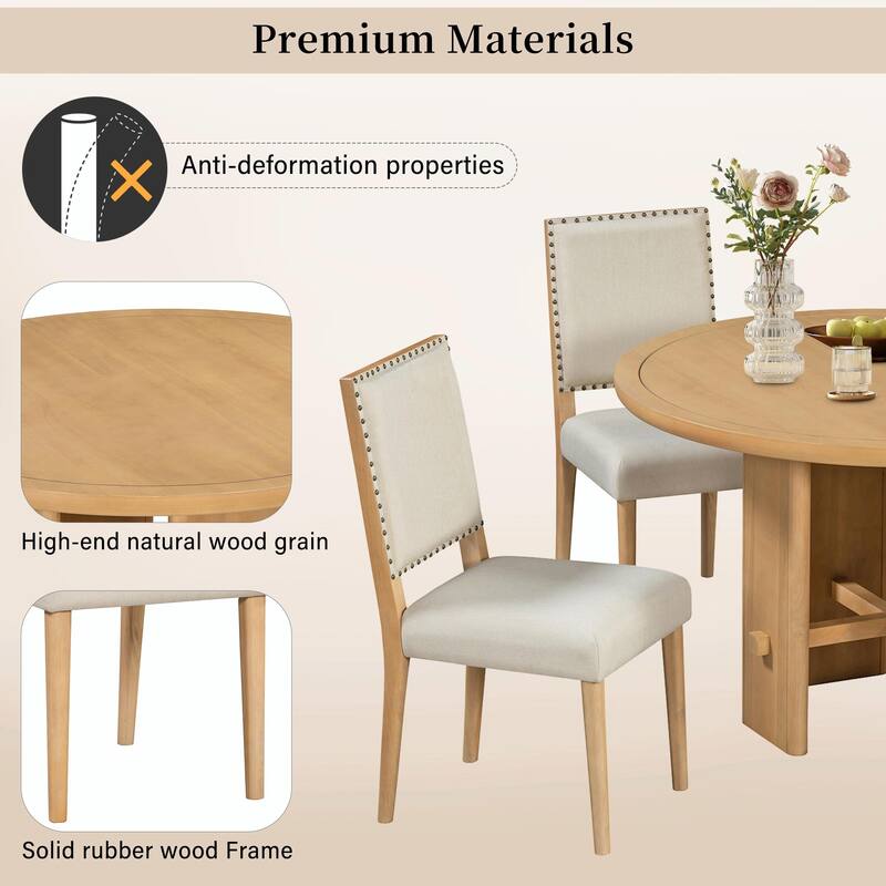 5-Piece Round Dining Table Set for 4 - Minimalist Farmhouse Design with 4 Solid Wood Upholstered Chairs
