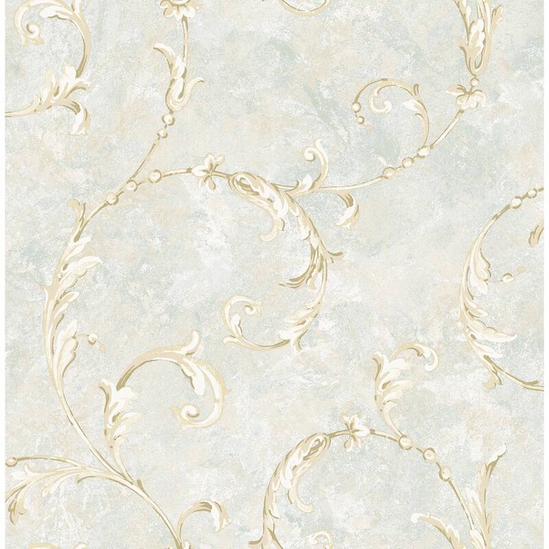 Seabrook Designs Starla Scrolls Unpasted Wallpaper - 20.5 in. W x 33 ft. L - 20.5 in. W x 33 ft. L - Metallic Blue Smoke & Tan