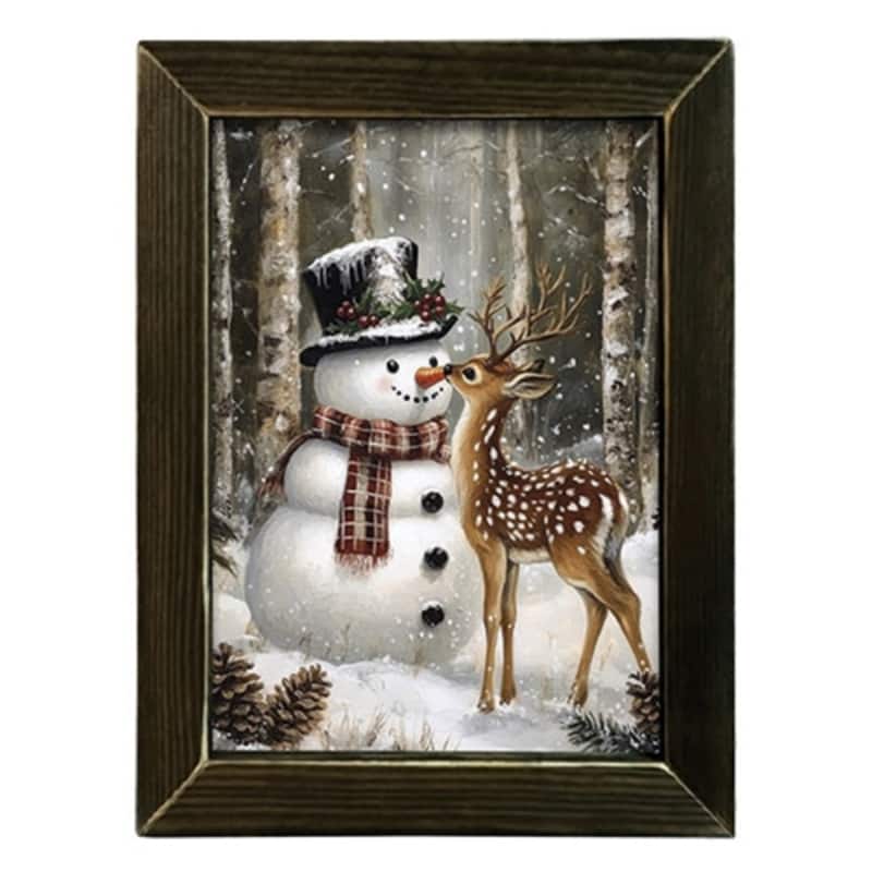 Winter Snowman and Deer Framed Print Rustic Country Wall Art - 17.75" H x 13.5" W x .5" D - Black