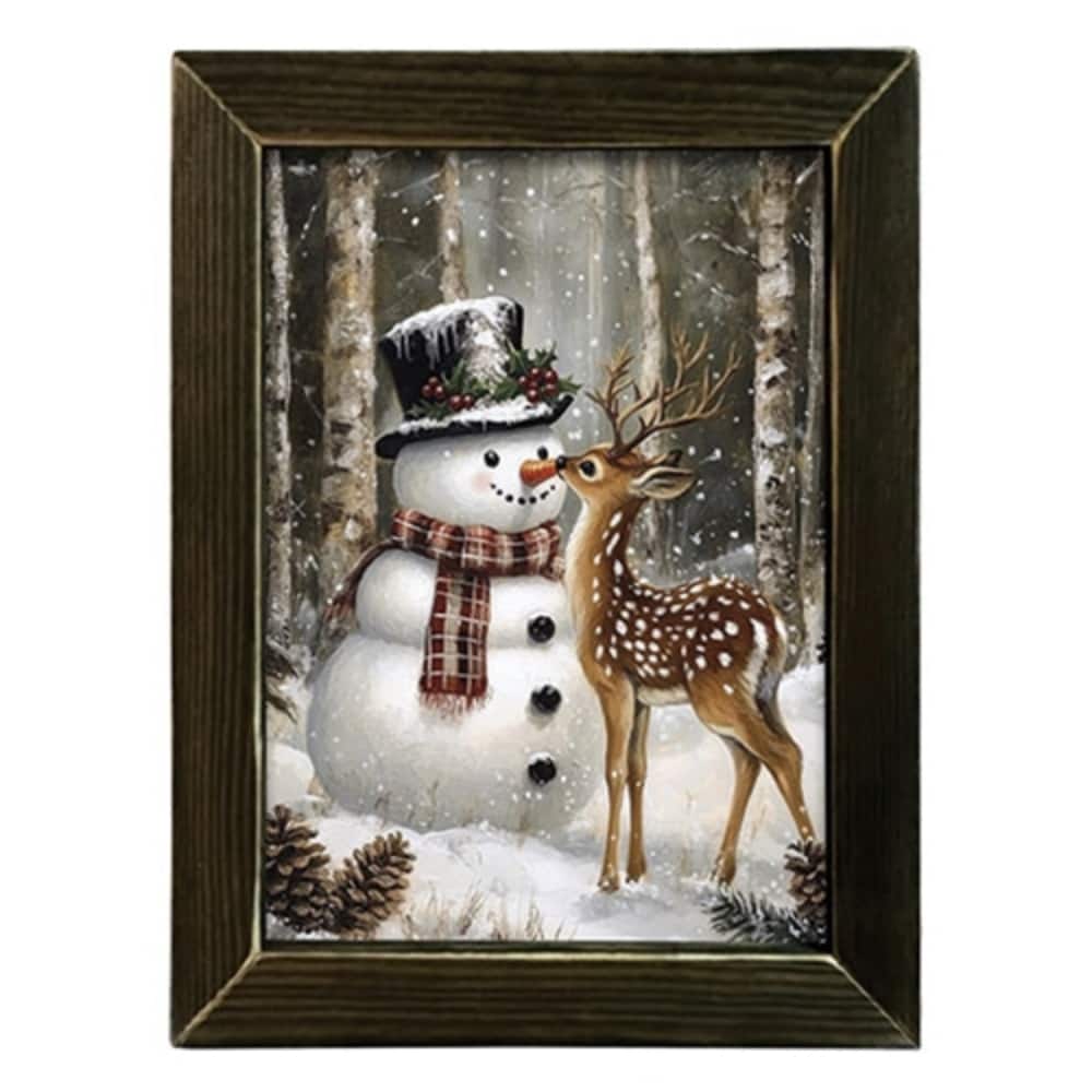 Winter Snowman and Deer Framed Print Rustic Country Wall Art - 17.75" H x 13.5" W x .5" D