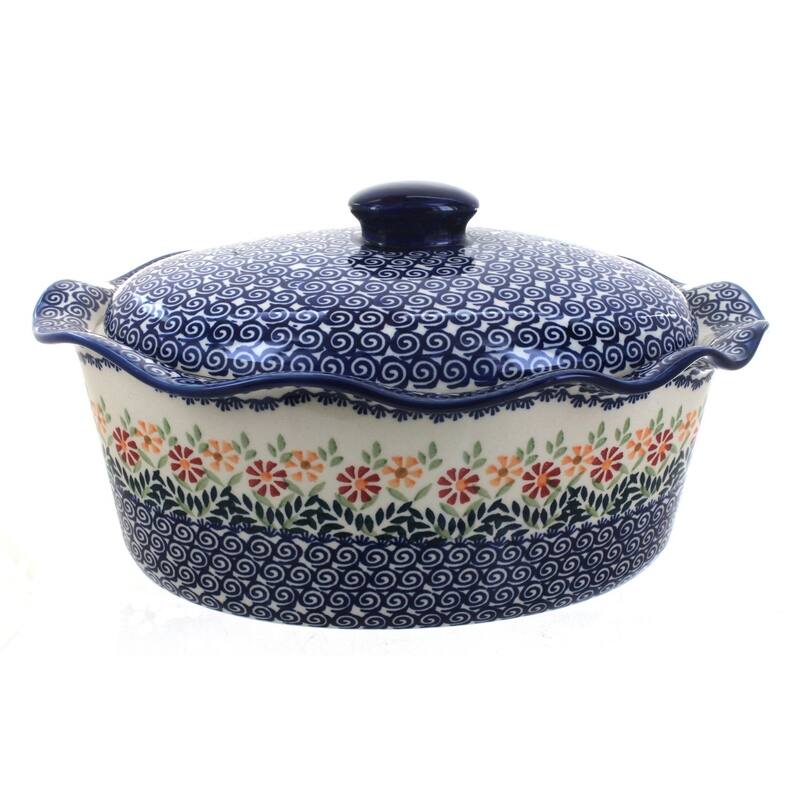 Blue Rose Polish Pottery Z137 Manufaktura Large Oval Baker with Lid - Garden Bouquet